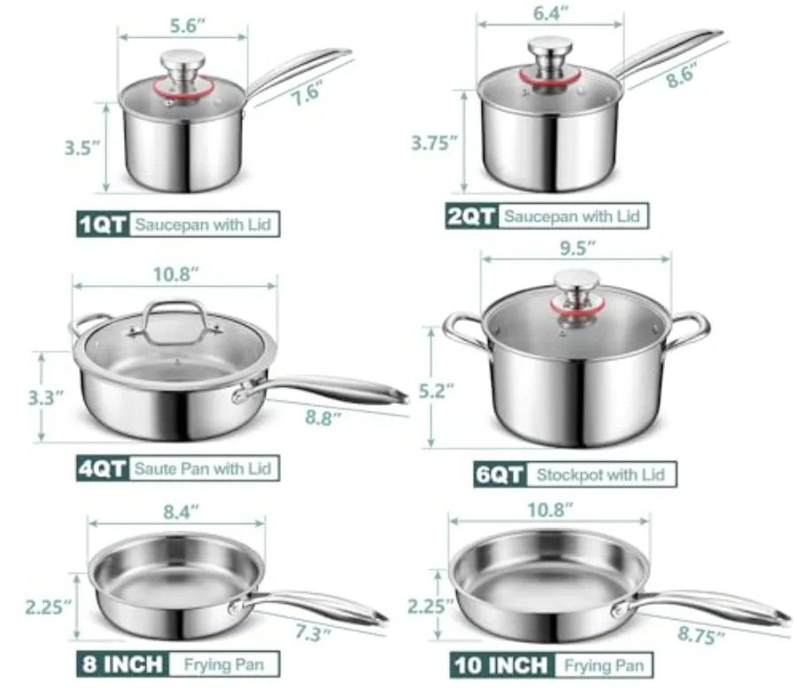 10-piece stainless steel cookware set with dimensions on a white background