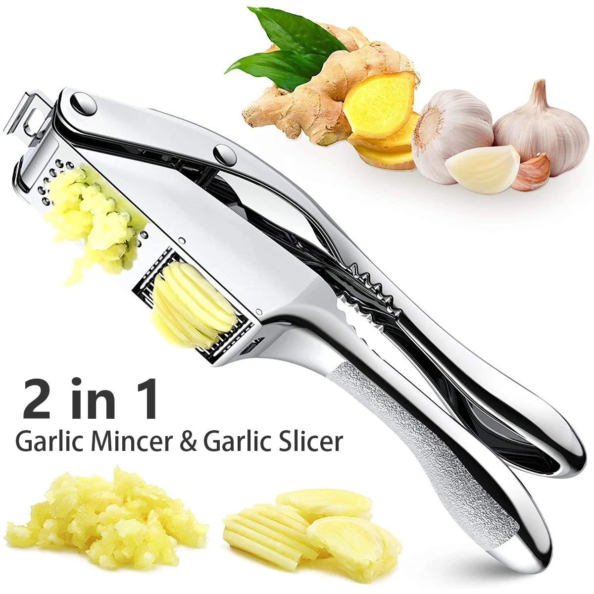 2-in-1 garlic mincer and slicer with garlic, ginger, and minced garlic on a white background