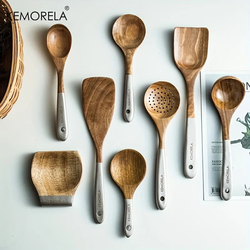 9pcs Handmade Acacia Wooden Cooking Utensils Set – Premium wooden spoons, spatula, slotted spoon, and utensil holder.