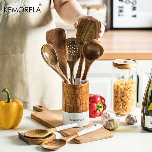 9pcs Handmade Acacia Wooden Cooking Utensils Set – Premium wooden spoons, spatula, slotted spoon, and utensil holder.
