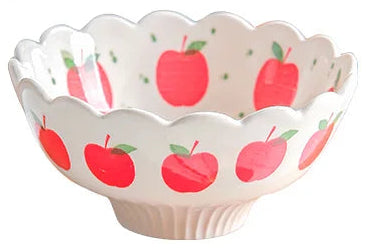 A round, porcelain ceramic bowl with a handpainted fruit pattern, including dimensions.