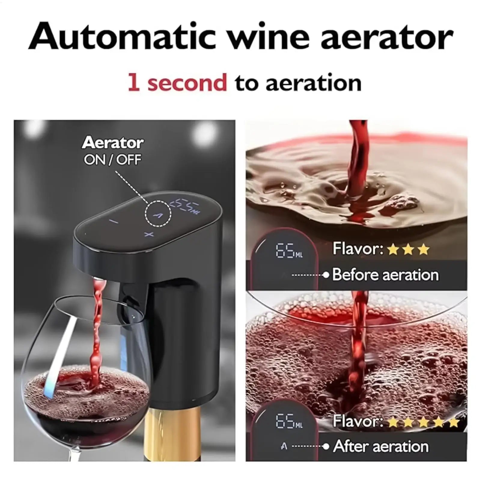 Automatic wine aerator with images of wine being aerated and text indicating speed and flavor improvement.