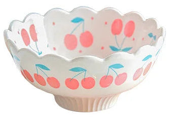 Decorative bowl with cherry design and measurements on a white background