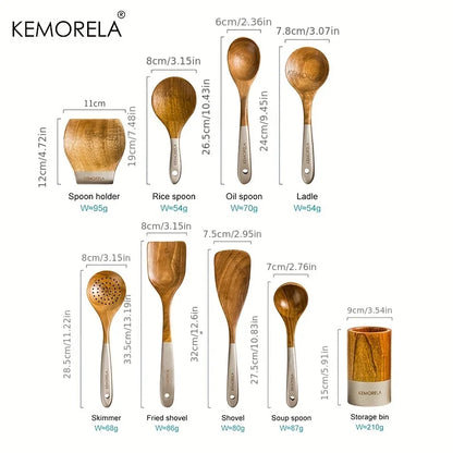 9pcs Handmade Acacia Wooden Cooking Utensils Set – Premium wooden spoons, spatula, slotted spoon, and utensil holder.