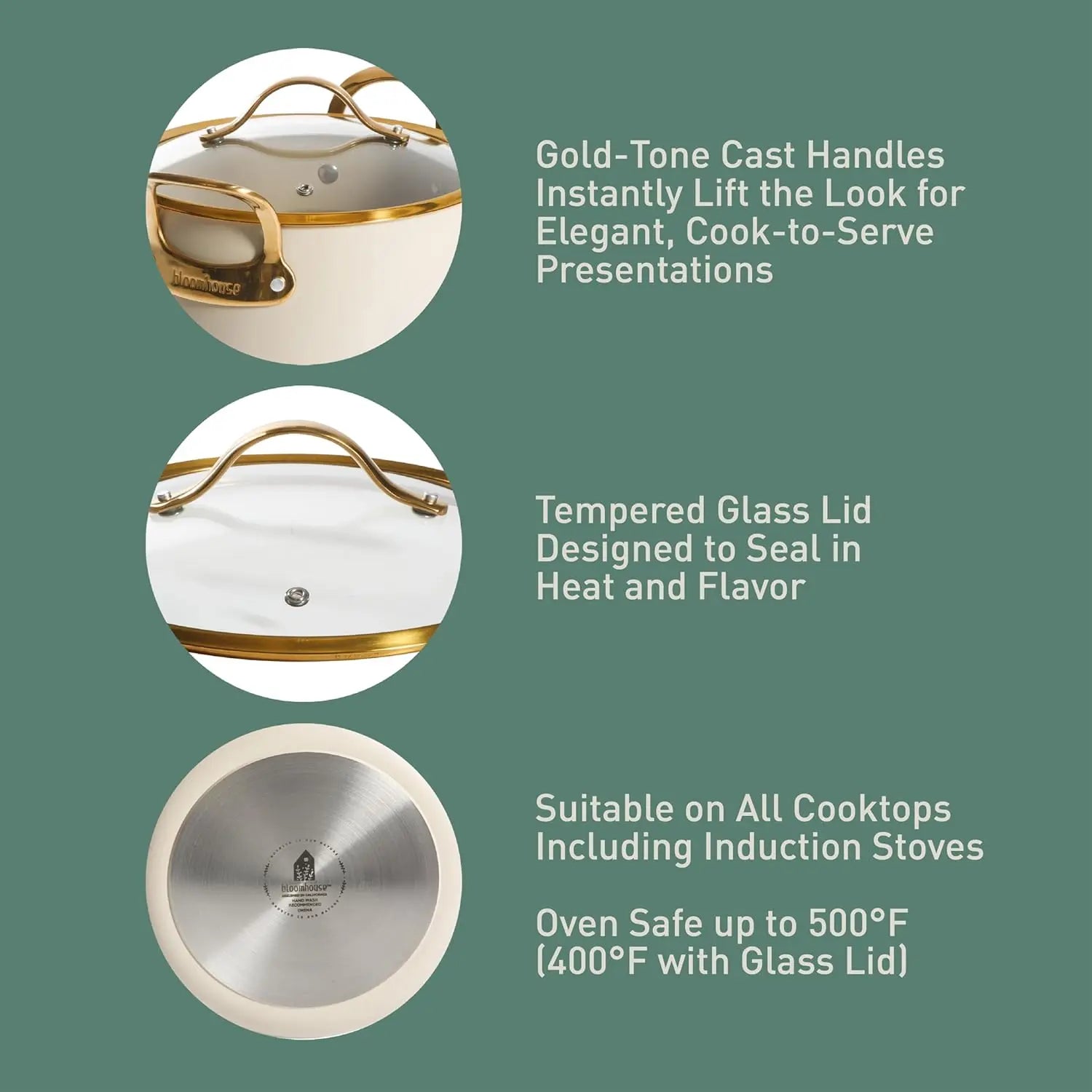 Product features with gold-tone cast handles, tempered glass lid, and suitability on various cooktops.