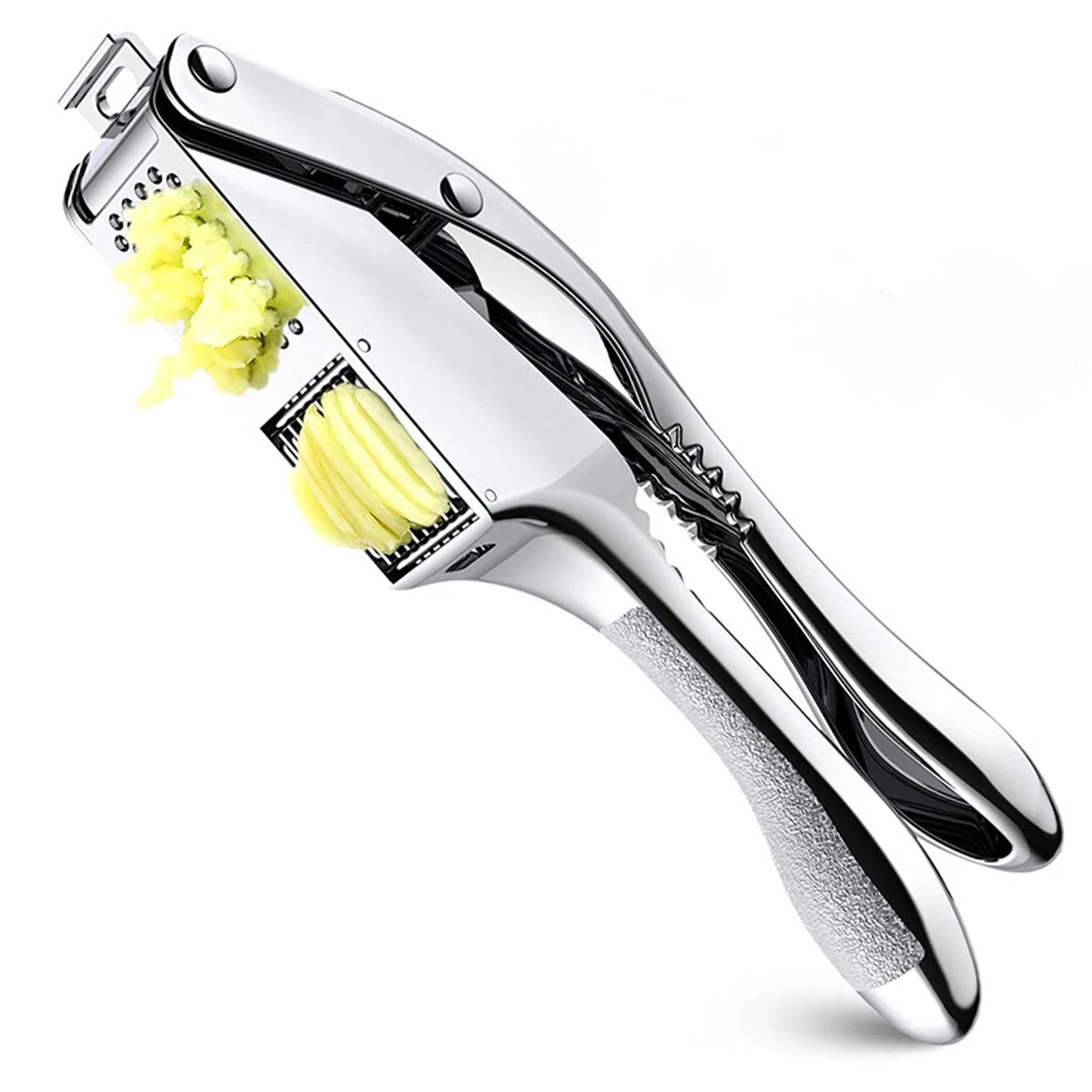 Metallic garlic press with fresh garlic on a white background