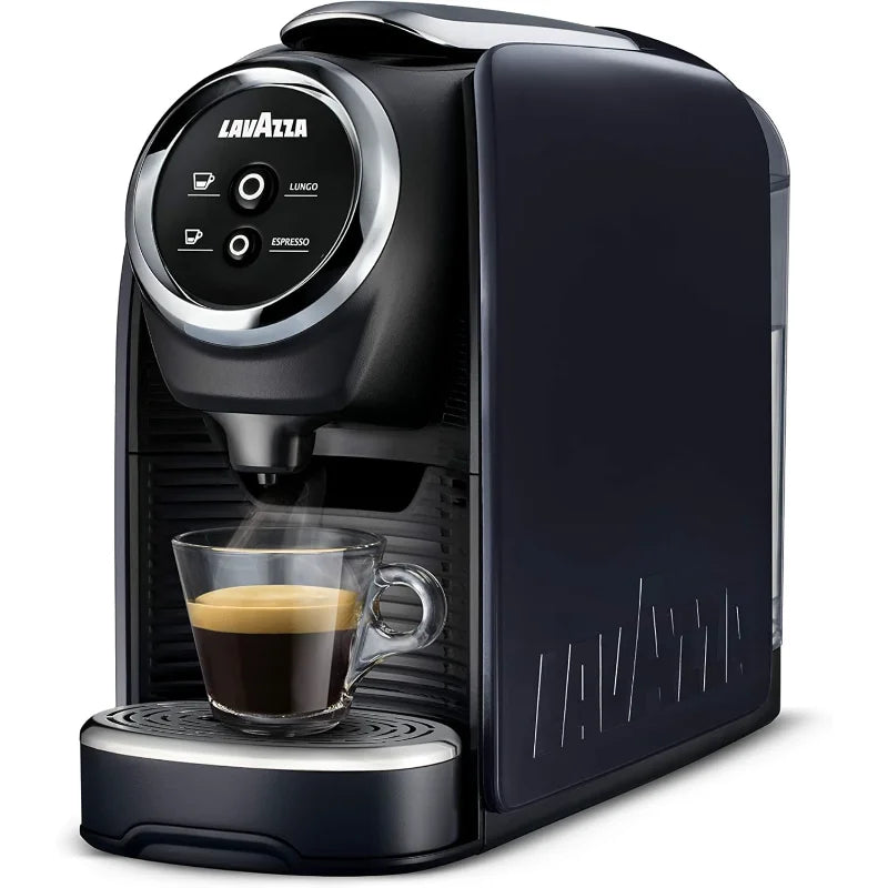 Navy Blue Lavazza coffee machine with a cup of espresso on a white background