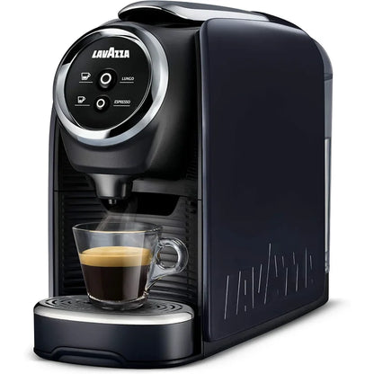 Navy Blue Lavazza coffee machine with a cup of espresso on a white background