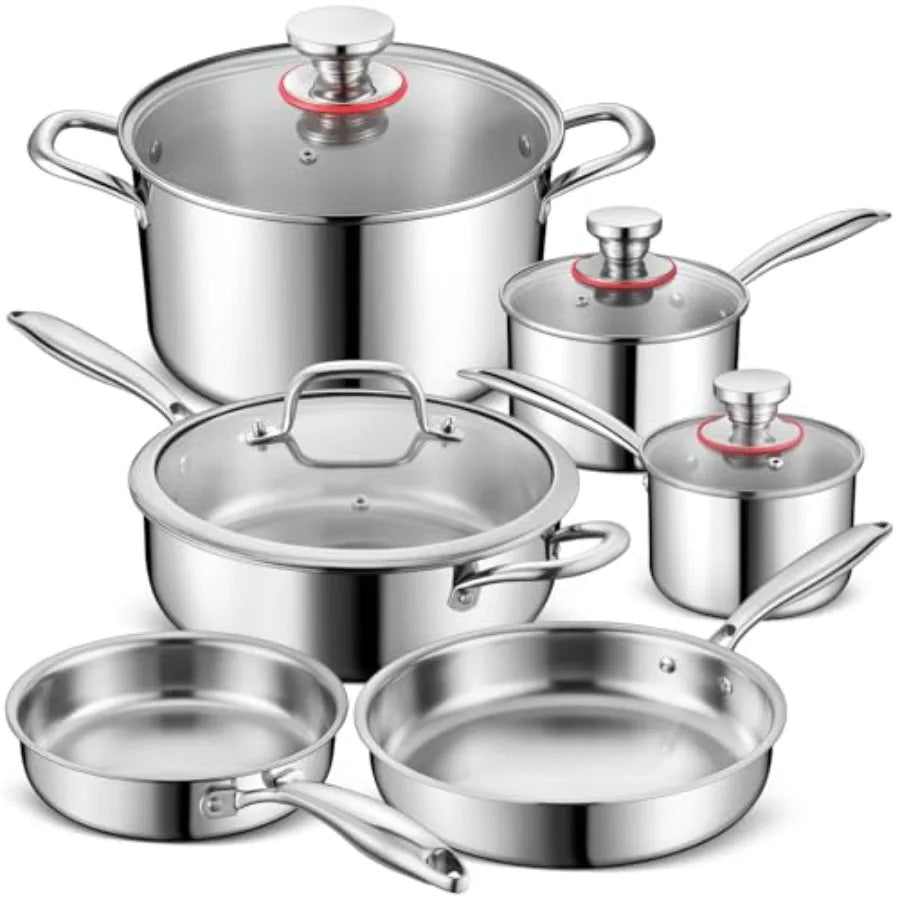 Set of stainless steel cookware including pots, pans, and lids on a white background