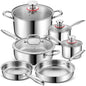 Set of stainless steel cookware including pots, pans, and lids on a white background