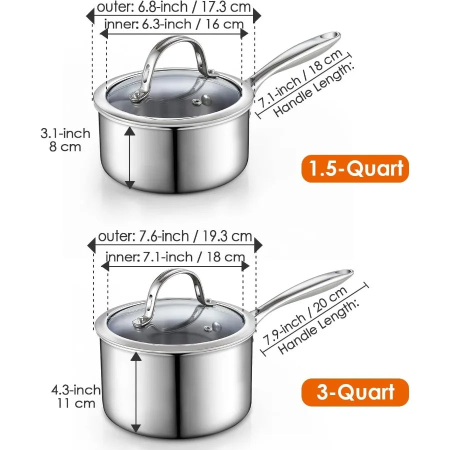 Two stainless steel saucepans with lids, labeled 1.5-quart and 3-quart, showing measurements on a white background.