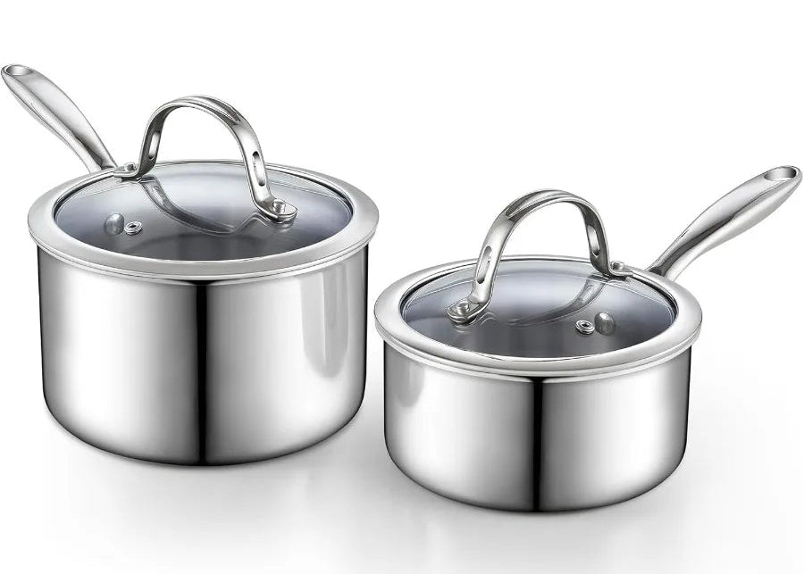 Two stainless steel cookware pots with lids on a white background