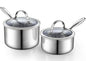 Two stainless steel cookware pots with lids on a white background
