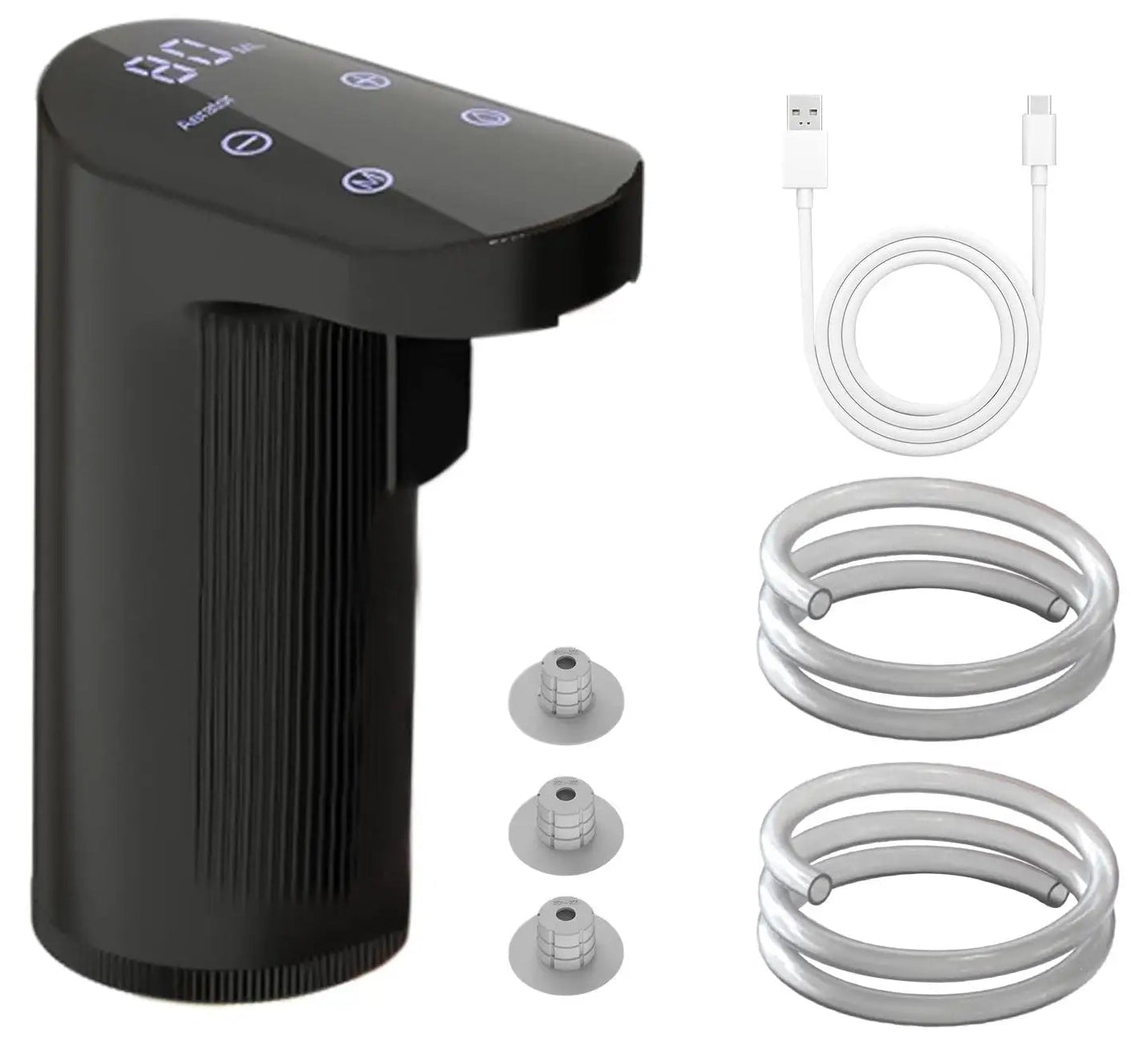 Black electronic device with hoses and connectors on a white background