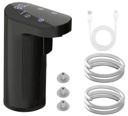 Black electronic device with hoses and connectors on a white background