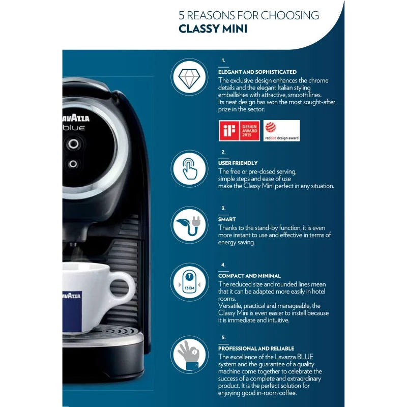 Product packaging for Lavazza Classy Mini coffee machine with features listed on a blue background.