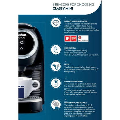 Product packaging for Lavazza Classy Mini coffee machine with features listed on a blue background.